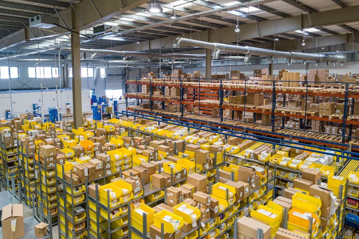 Construction materials stacked in a warehouse