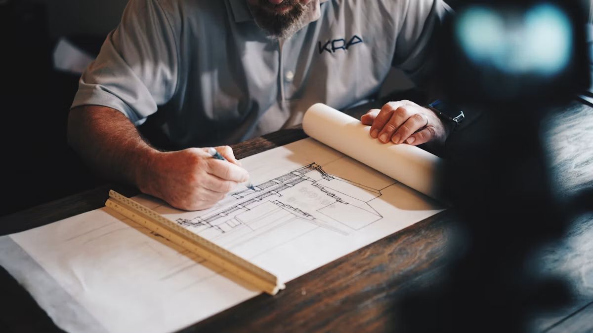 Architectural drawings and technical plans on a desk